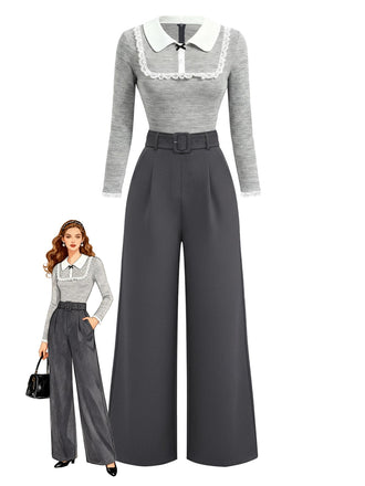 [Vorverkauf] Grau 1930er Stricken Patchwork Spitze Gürtel Jumpsuit