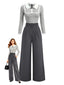 [Vorverkauf] Grau 1930er Stricken Patchwork Spitze Gürtel Jumpsuit