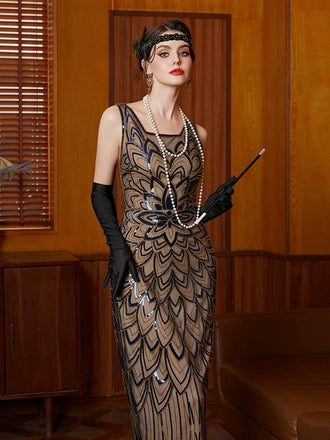 Schwarz 1920er Blumen Pailletten Unregelmäßiger Saum Kleid