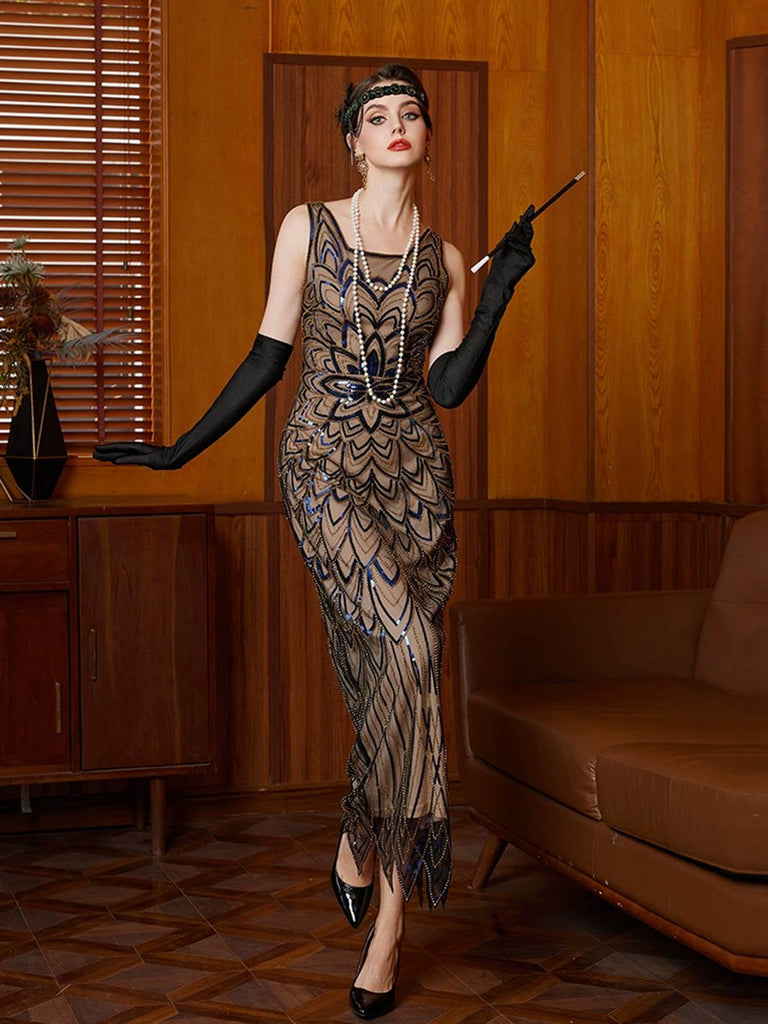 Schwarz 1920er Blumen Pailletten Unregelmäßiger Saum Kleid