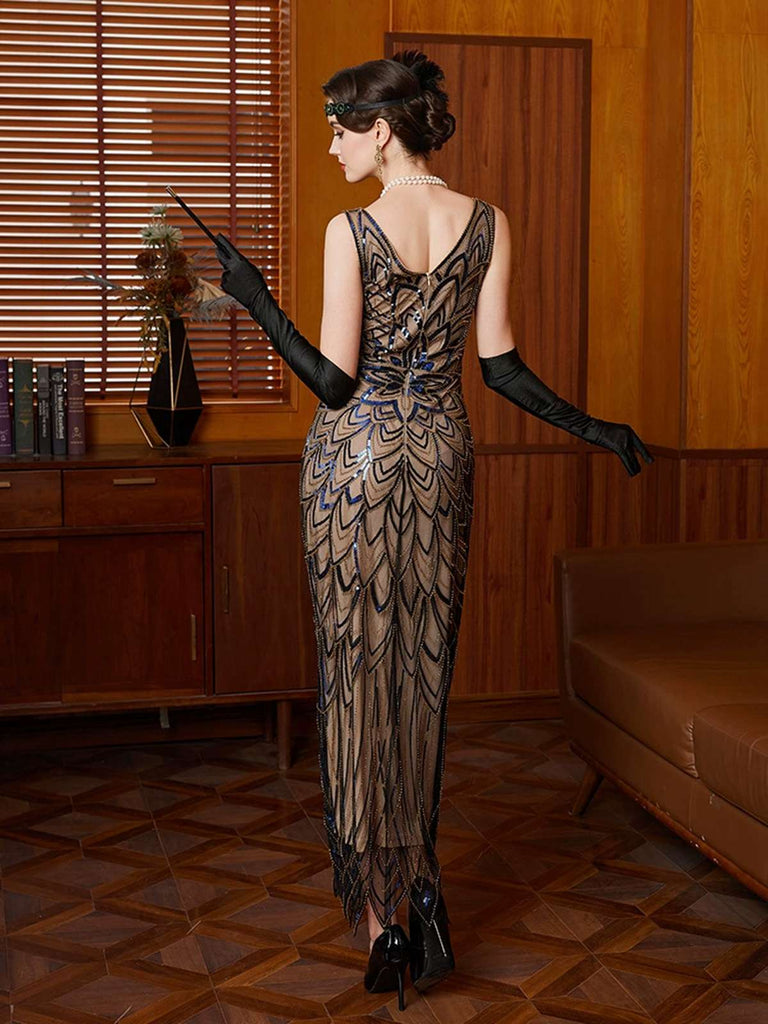 Schwarz 1920er Blumen Pailletten Unregelmäßiger Saum Kleid