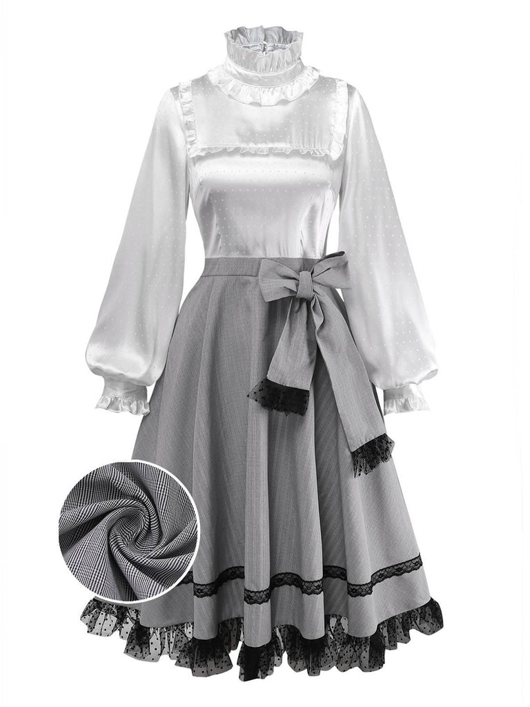 [Vorverkauf] Grau 1950er Satin Kariert Rüschen Steh Kragen Kleid
