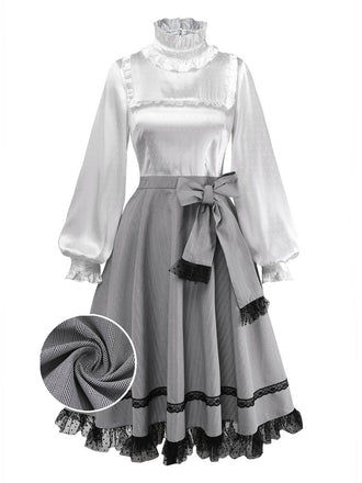 [Vorverkauf] Grau 1950er Satin Kariert Rüschen Steh Kragen Kleid