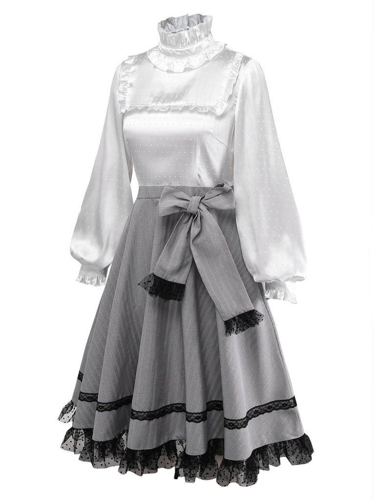 [Vorverkauf] Grau 1950er Satin Kariert Rüschen Steh Kragen Kleid