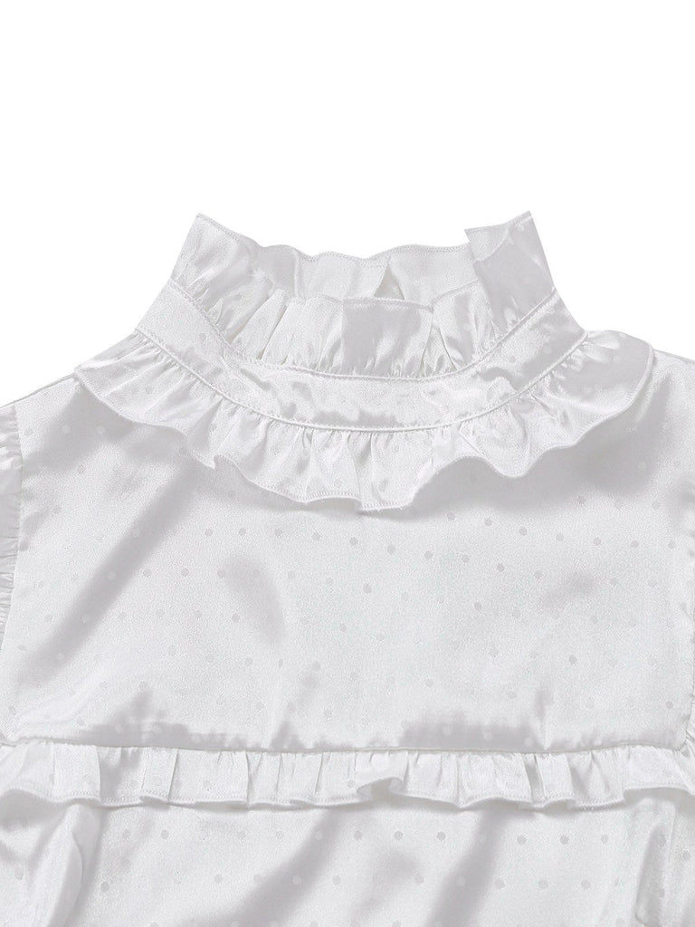 [Vorverkauf] Grau 1950er Satin Kariert Rüschen Steh Kragen Kleid