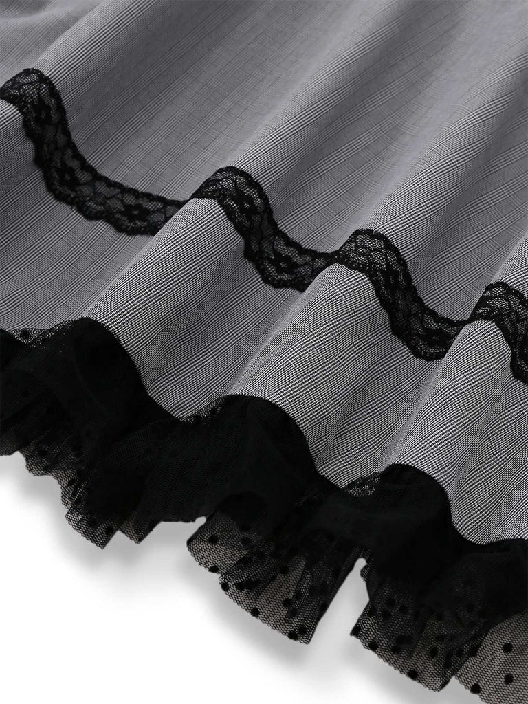 [Vorverkauf] Grau 1950er Satin Kariert Rüschen Steh Kragen Kleid