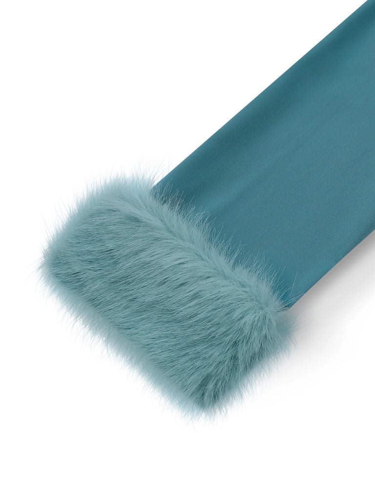 [Vorverkauf] Blau 1970er Pelzbesatz Revers Pailletten Gürtel Jumpsuit