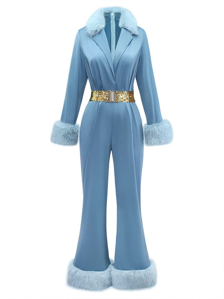 [Vorverkauf] Blau 1970er Pelzbesatz Revers Pailletten Gürtel Jumpsuit