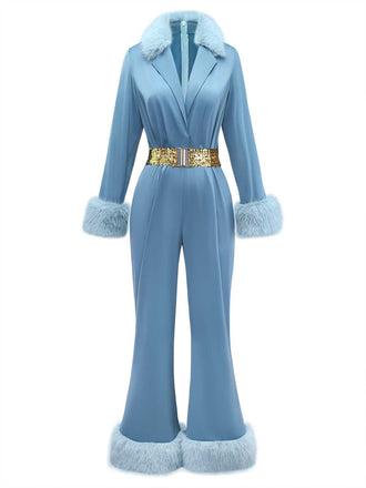[Vorverkauf] Blau 1970er Pelzbesatz Revers Pailletten Gürtel Jumpsuit