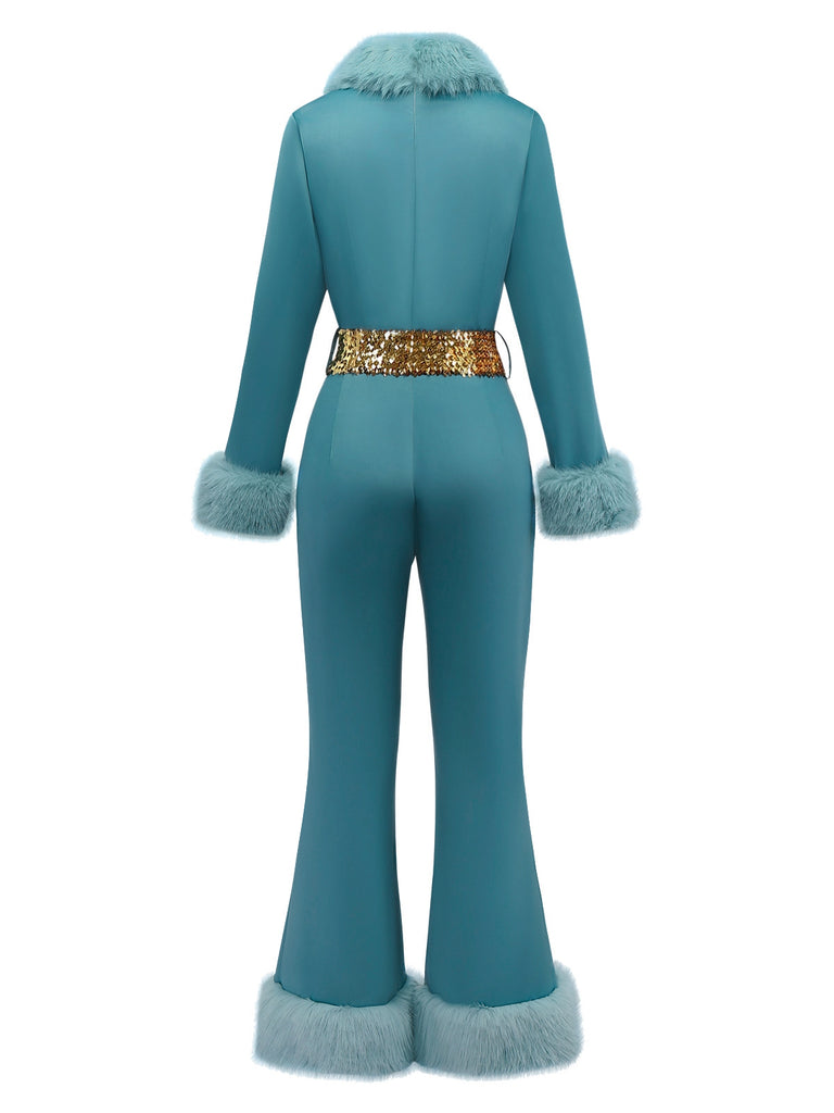 [Vorverkauf] Blau 1970er Pelzbesatz Revers Pailletten Gürtel Jumpsuit