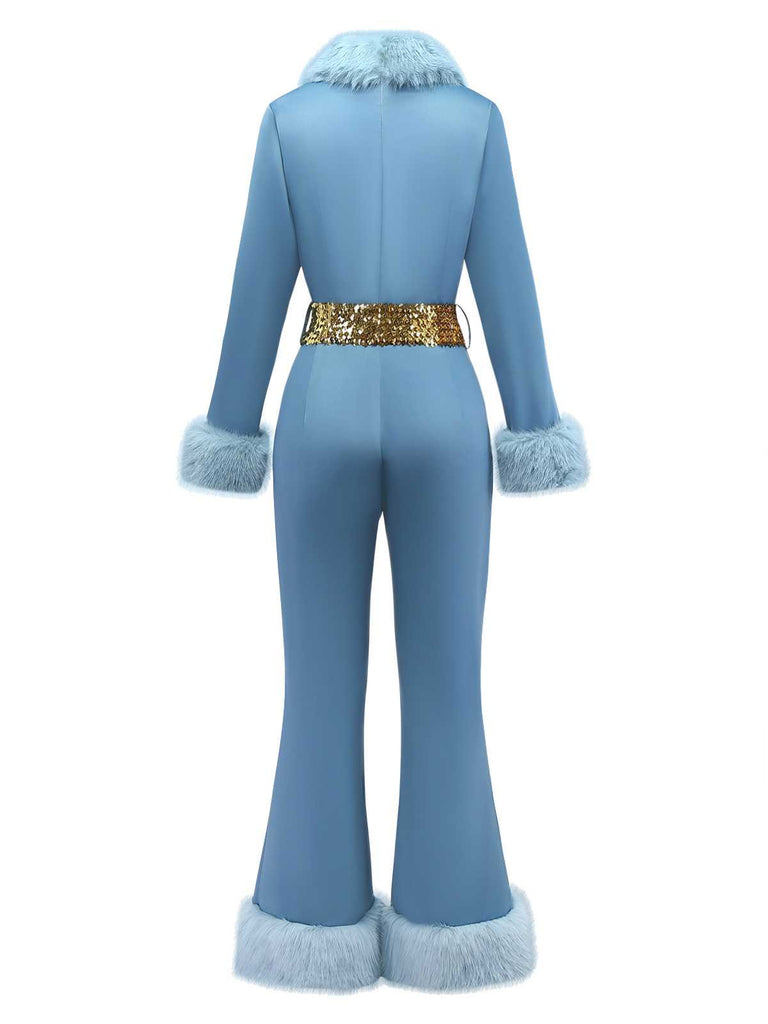 [Vorverkauf] Blau 1970er Pelzbesatz Revers Pailletten Gürtel Jumpsuit