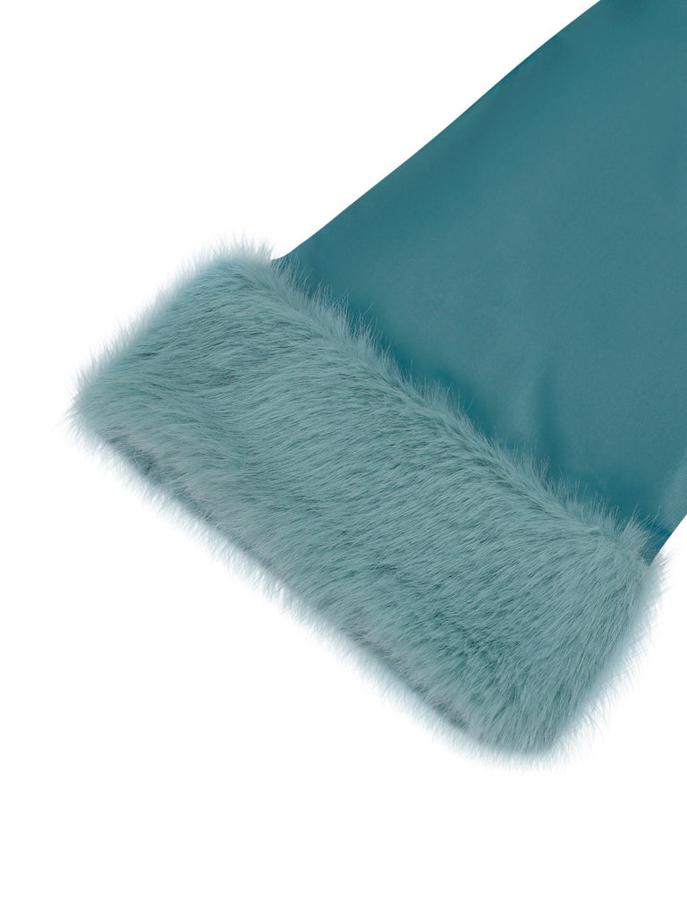 [Vorverkauf] Blau 1970er Pelzbesatz Revers Pailletten Gürtel Jumpsuit