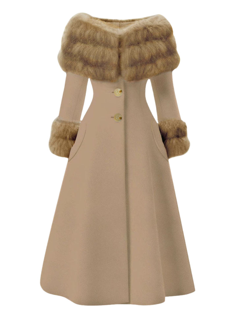 [Vorverkauf] Kamelfarbe 1950er Mehrschichtig Pelzkragen Mantel