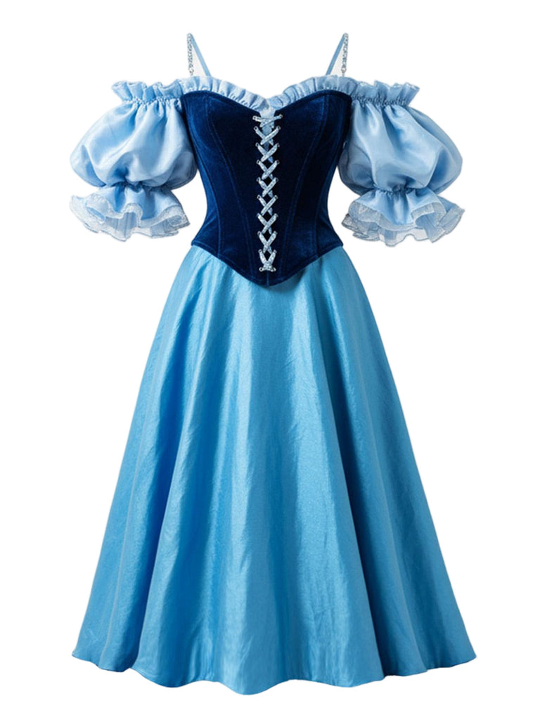 [Vorverkauf] Blau 1950er Schulterfrei Spitze Samt Prinzessin Kleid