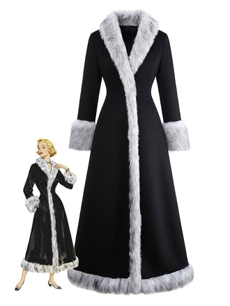 Schwarz 1930er Faux Pelzbesatz Maxi Mantel
