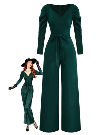 1930er Solide Gerüschtes V-Ausschnitt Gürtel Jumpsuit