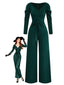 1930er Solide Gerüschtes V-Ausschnitt Gürtel Jumpsuit
