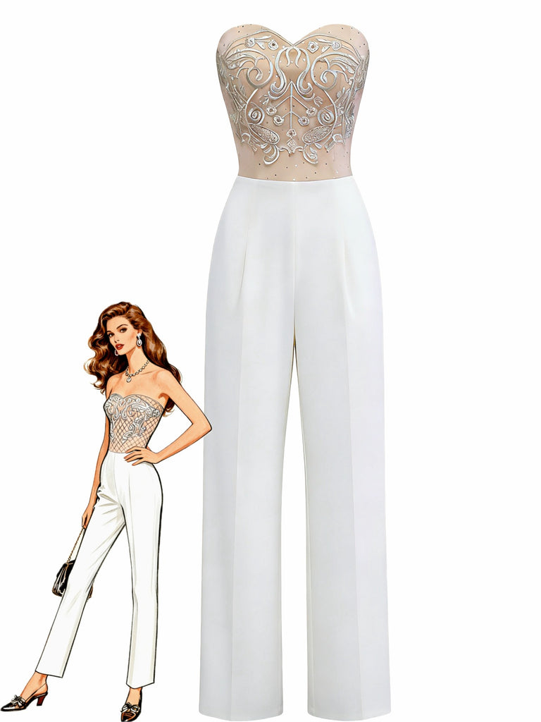 Weiß 1960er Trägerlos Besticktes Korsett Jumpsuit