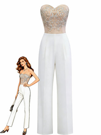 Weiß 1960er Trägerlos Besticktes Korsett Jumpsuit