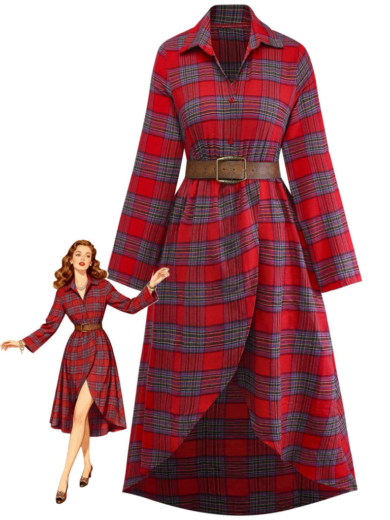 1940er Tartan Plaid Langarm Gürtel Shirt Kleid