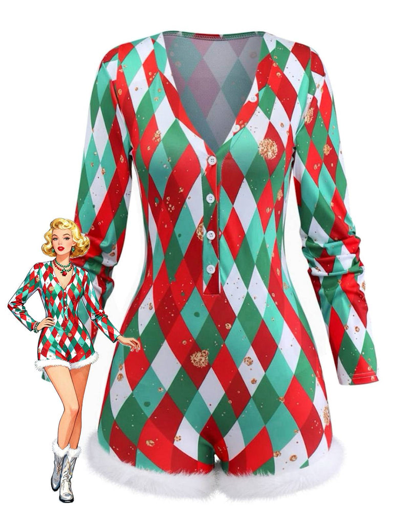 1970er Diamantgitter Weihnachten Plüschsaum Romper