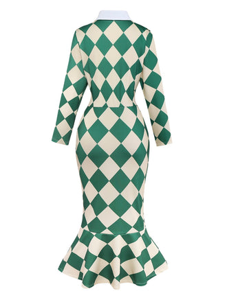 Grün 1970er Argyle Fischschwanz Kleid Mit Binden