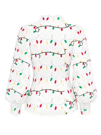 [Vorverkauf] Weiß 1950er Krawattenhals Weihnachtsbeleuchtung Bluse