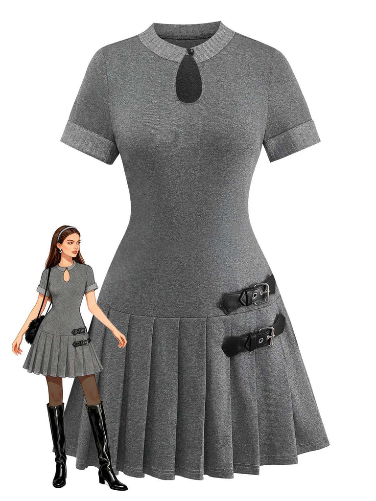 [Vorverkauf] Grau 1970er Stricken Leder Schnalle Plissiertes Kleid