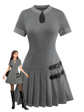 [Vorverkauf] Grau 1970er Stricken Leder Schnalle Plissiertes Kleid