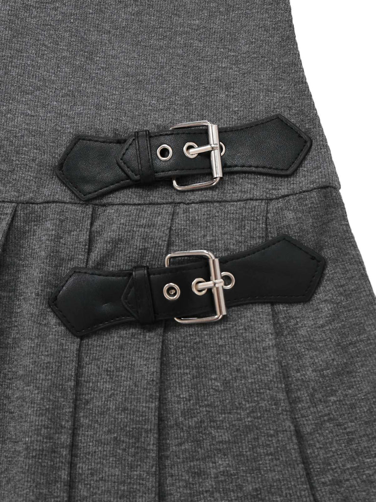 [Vorverkauf] Grau 1970er Stricken Leder Schnalle Plissiertes Kleid