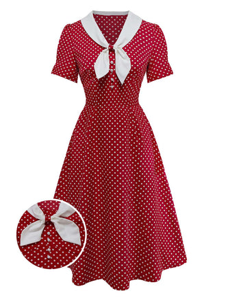 [Vorverkauf] Rot 1940er Häschen Ohr Knoten Polka Dot Puffärmel Kleid