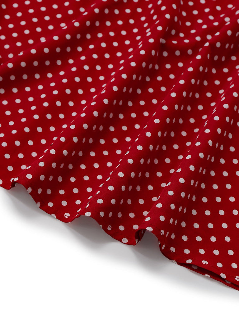 [Vorverkauf] Rot 1940er Häschen Ohr Knoten Polka Dot Puffärmel Kleid