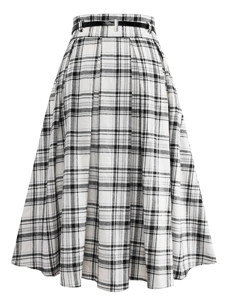 [Vorverkauf] Weiß 1950er Baumwolle Gürtel A-Linie Plissiertes Rock