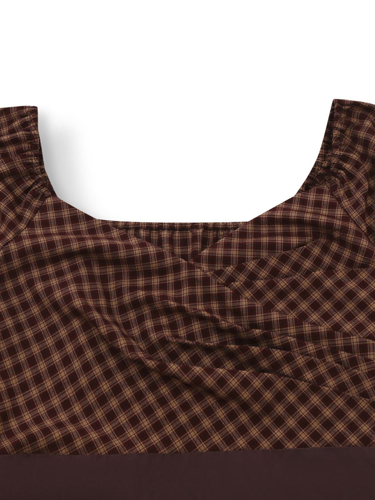 [Vorverkauf] Braun 1950er Baumwolle Vichy Schnürung Rückenfrei Gestuft Kleid