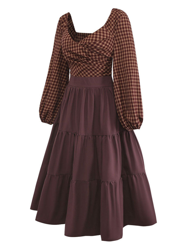 [Vorverkauf] Braun 1950er Baumwolle Vichy Schnürung Rückenfrei Gestuft Kleid