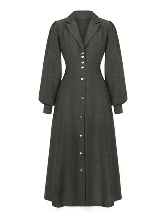 1940er Gekerbt Kragen Laternenärmel Taste Kleid