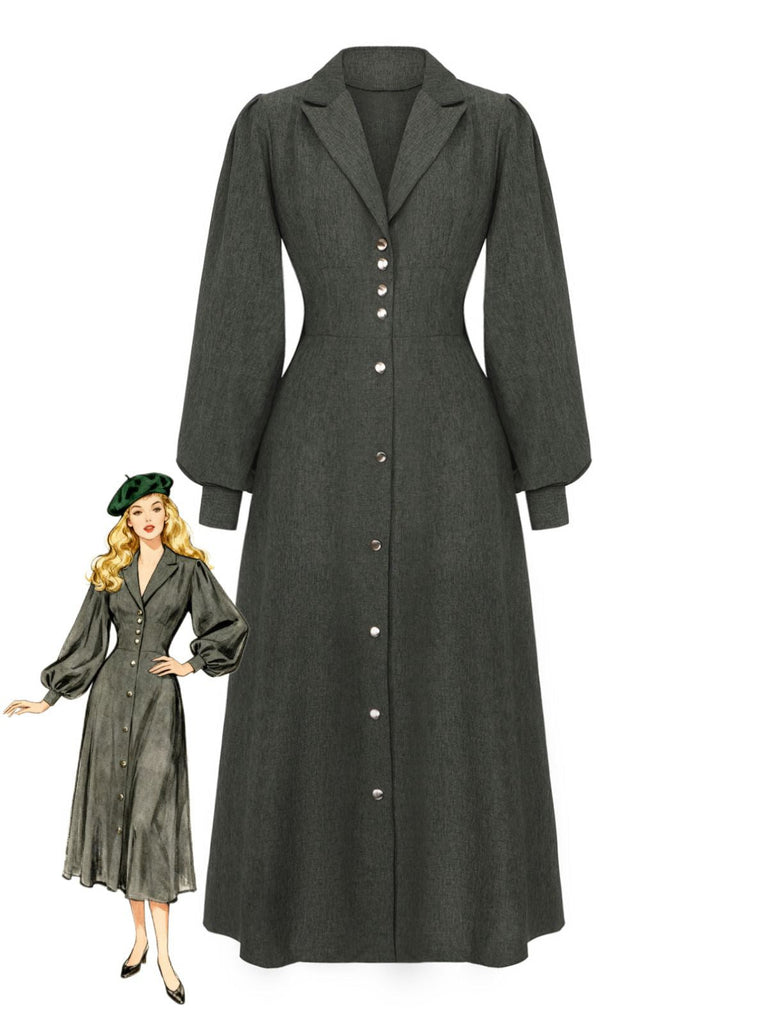 1940er Gekerbt Kragen Laternenärmel Taste Kleid