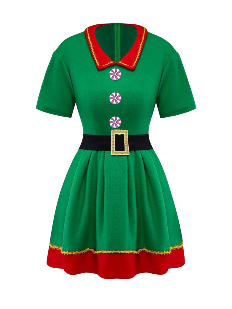 Grün 1960er Weihnachten Elf Cosplay Kostüm Kleid Set