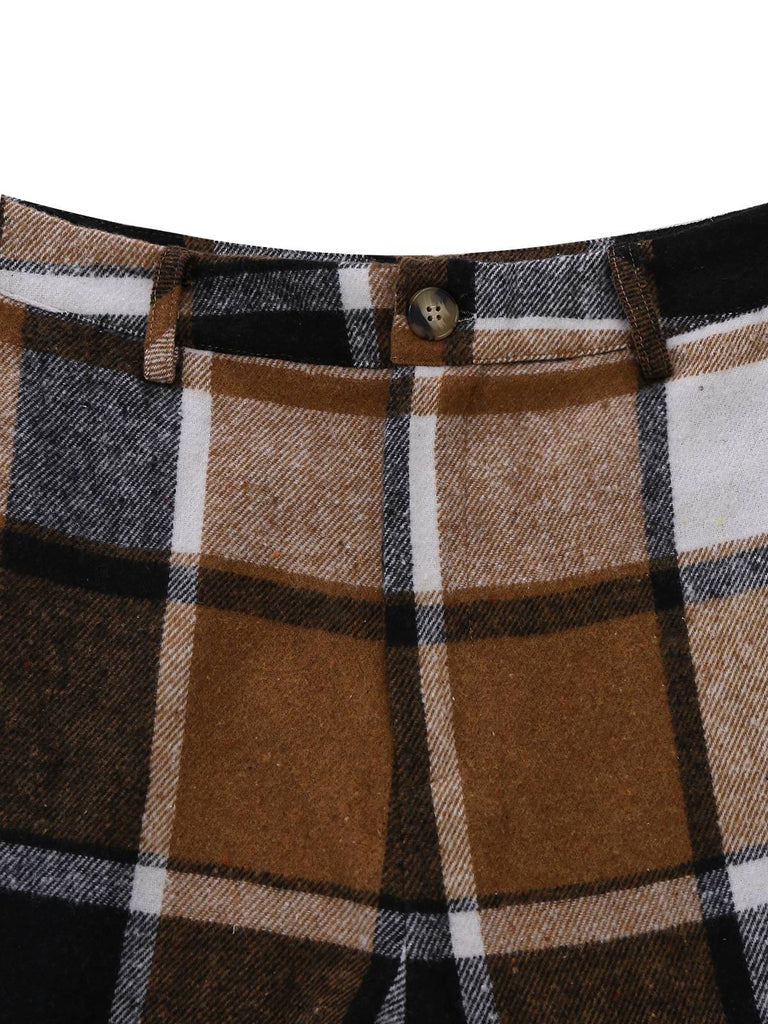 2PCS Khaki 1950er Kunstwolle Karo Ärmellos Weste & Hose