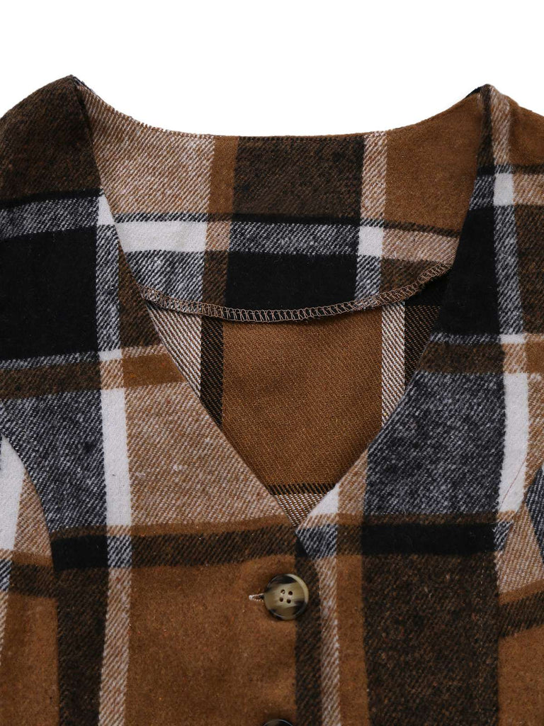 2PCS Khaki 1950er Kunstwolle Karo Ärmellos Weste & Hose