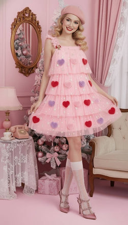 [Vorverkauf] Rosa 1960er Weihnachtsbaum Herz Pompon Torten Kleid