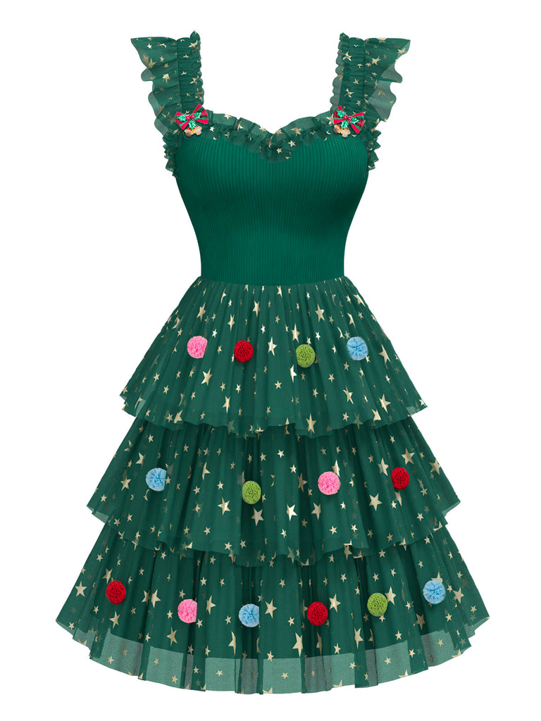 [Vorverkauf] Grün 1970er Weihnachtsbaum Stern Netz Gestaffelt Kleid