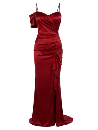 [Vorverkauf] Rot 1930er Solide Satin Rüschen Slip Kleid