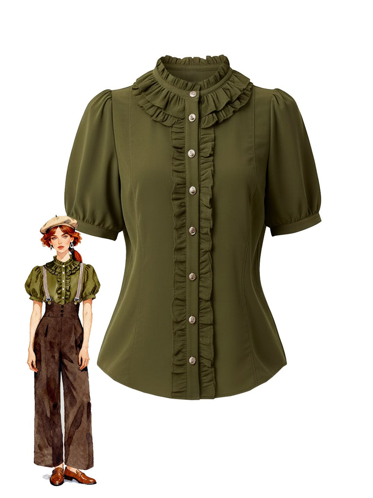 [Vorverkauf] Olivgrün 1940er Taste Solide Rüschen Bluse