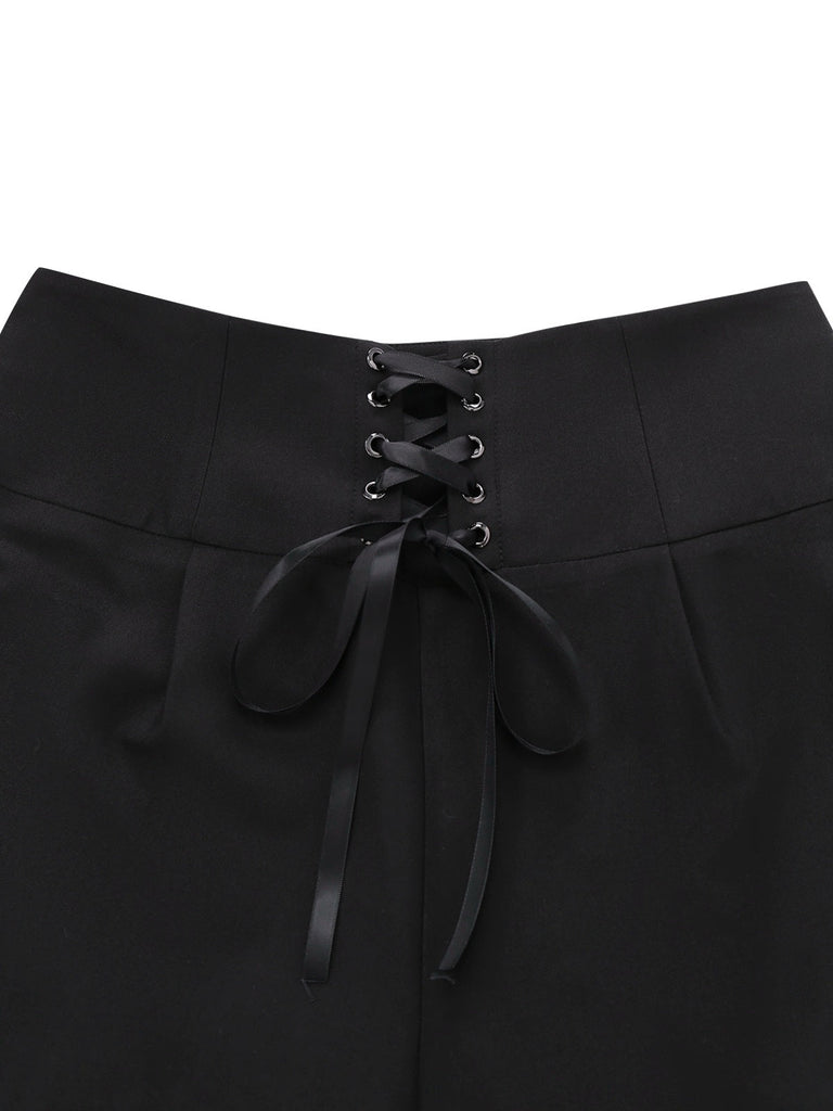 [Vorverkauf] Schwarz 1940er Solide Hoch Taille Schnürung Hose