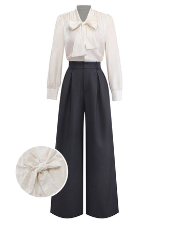 [Vorverkauf] Beige 1950er Perlen Besetzt Bogen Bindhals Jumpsuit