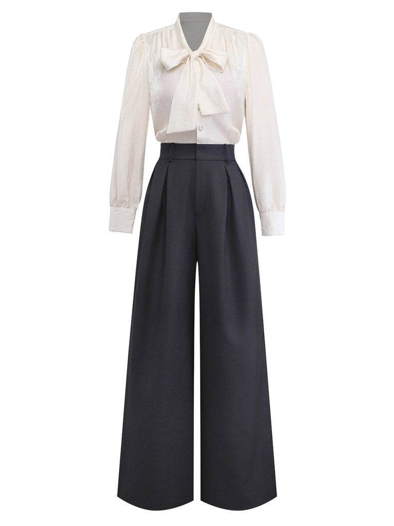 [Vorverkauf] Beige 1950er Perlen Besetzt Bogen Bindhals Jumpsuit