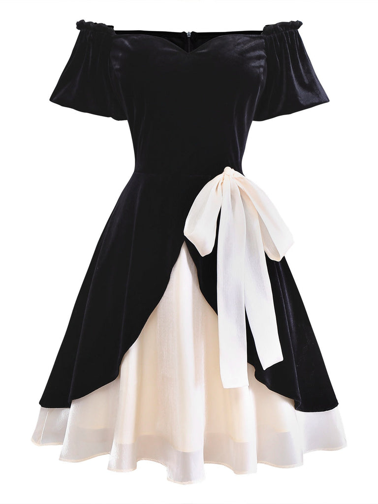 [Vorverkauf] Schwarz 1950er Samt Satin Schulterfrei Bogen Kleid