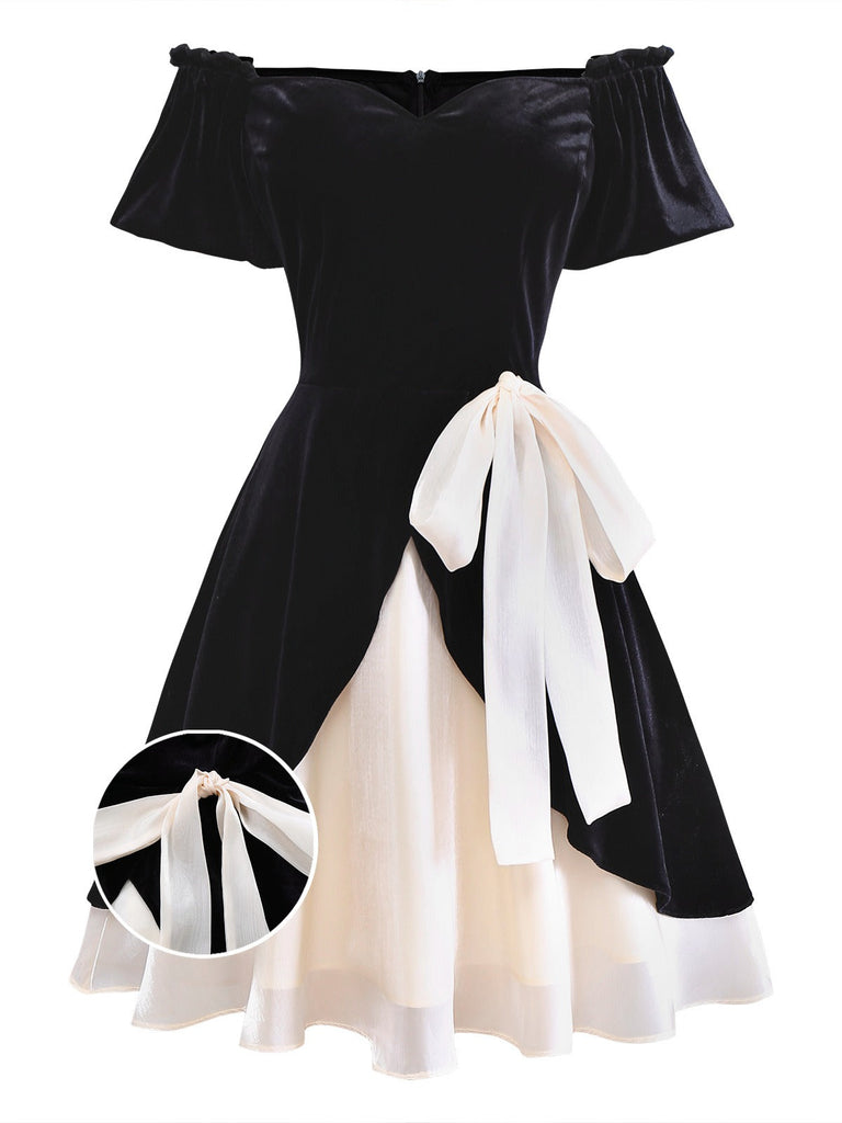 [Vorverkauf] Schwarz 1950er Samt Satin Schulterfrei Bogen Kleid