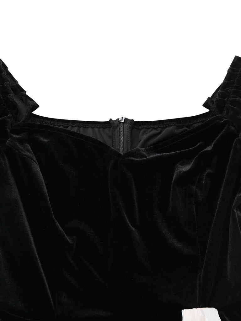 [Vorverkauf] Schwarz 1950er Samt Satin Schulterfrei Bogen Kleid